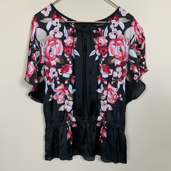 White House Black Market Tops - WHBM black floral flutter sleeve blouse sz M